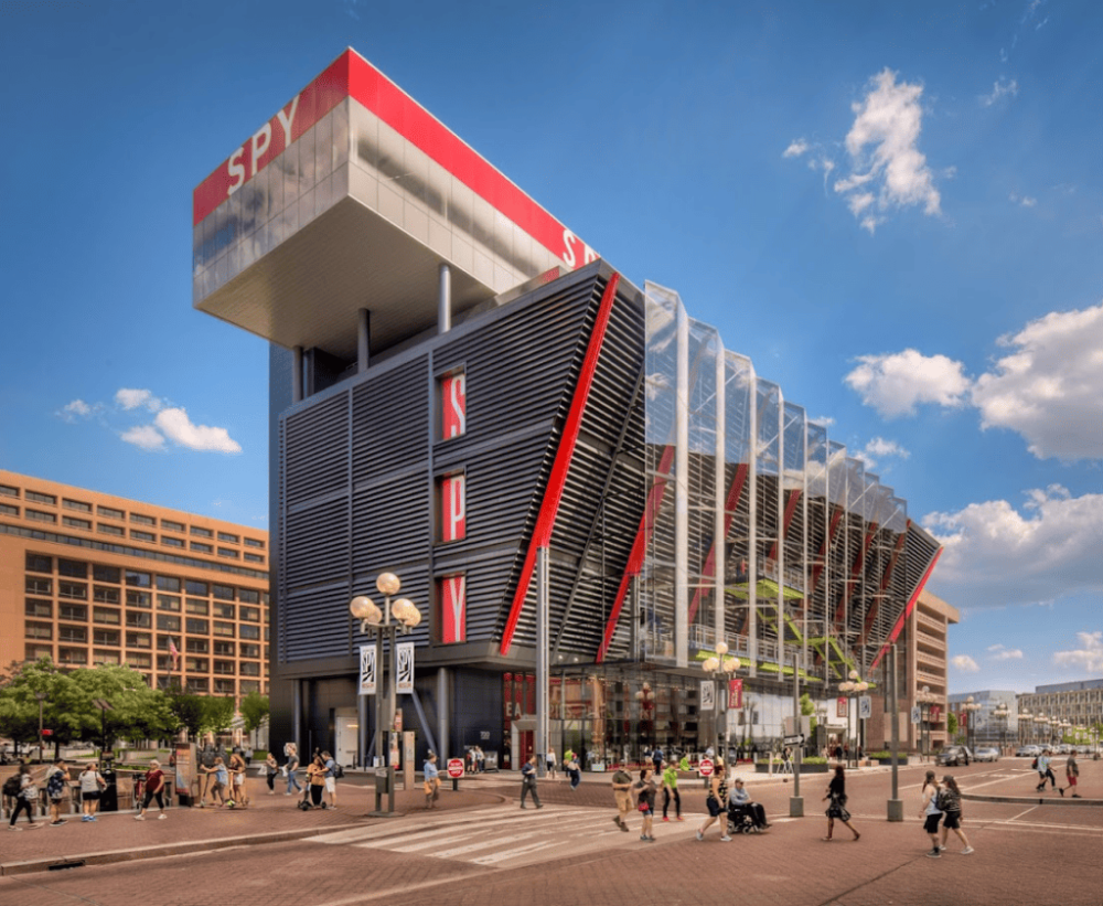people walking outside the international spy museum Washington DC