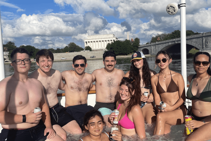 group of people in Hot Tub Boat on the Potomac in DC in spring