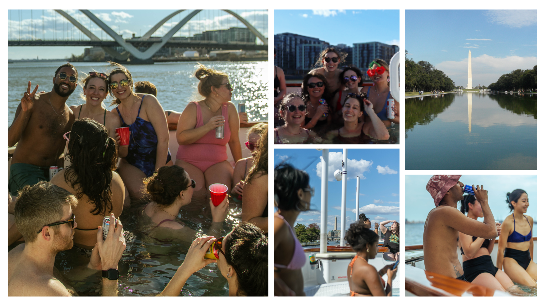 collage of people on hot tub boat in DC seeing the views